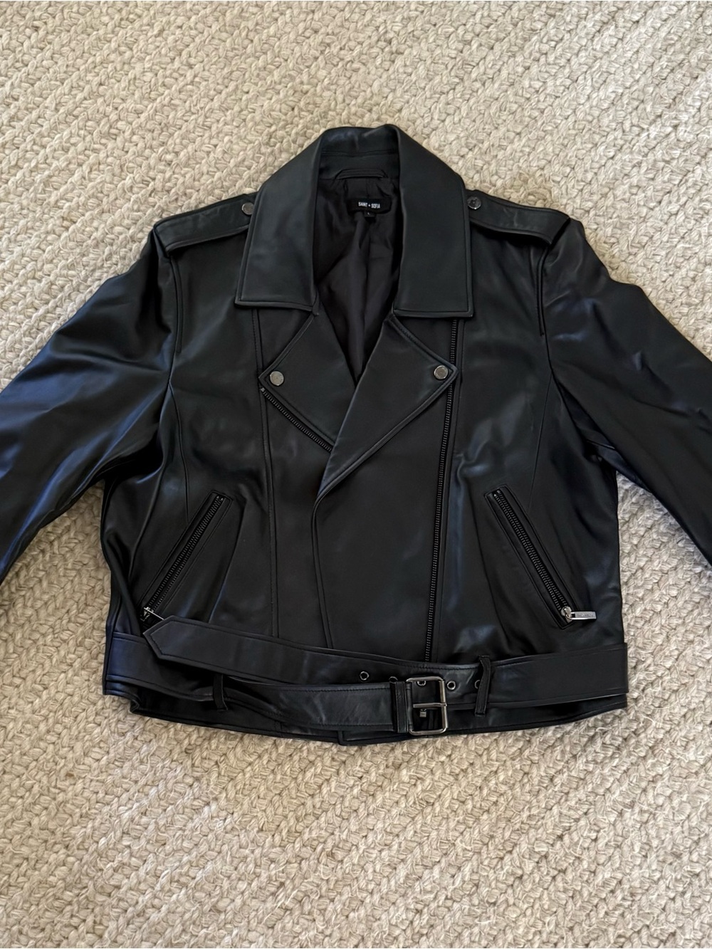 Black Leather Moto Jacket with Belted Waist